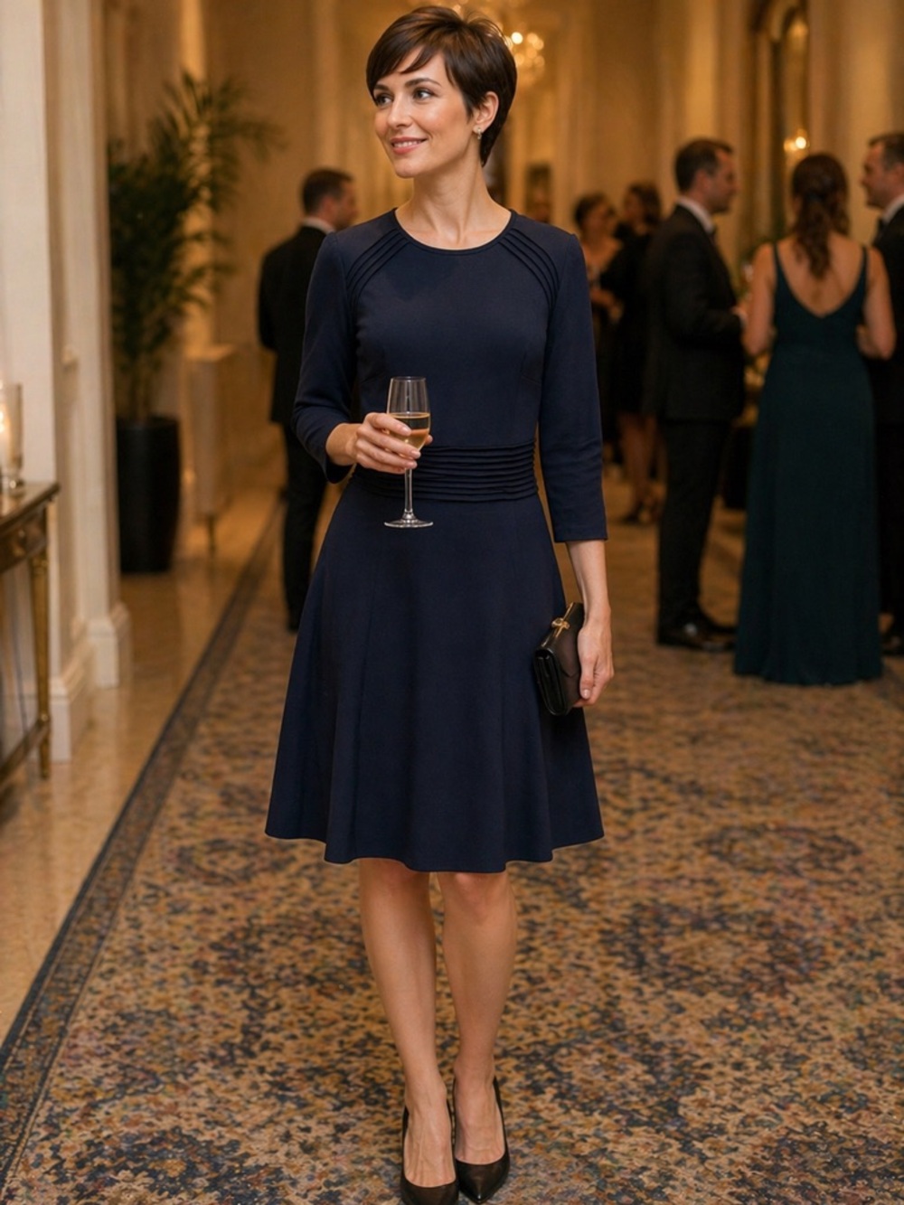 NWT Eliza J Navy A-Line Dress Pleated Waist size 8 3/4 sleeves